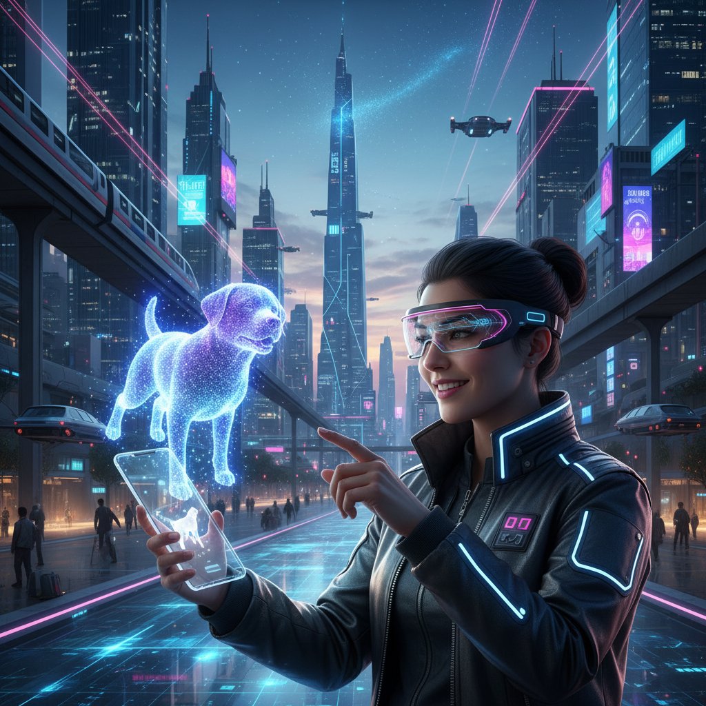 Przyszłość symulatorów wychowania psa, holograficzny pies i nowoczesny użytkownik na tle miasta