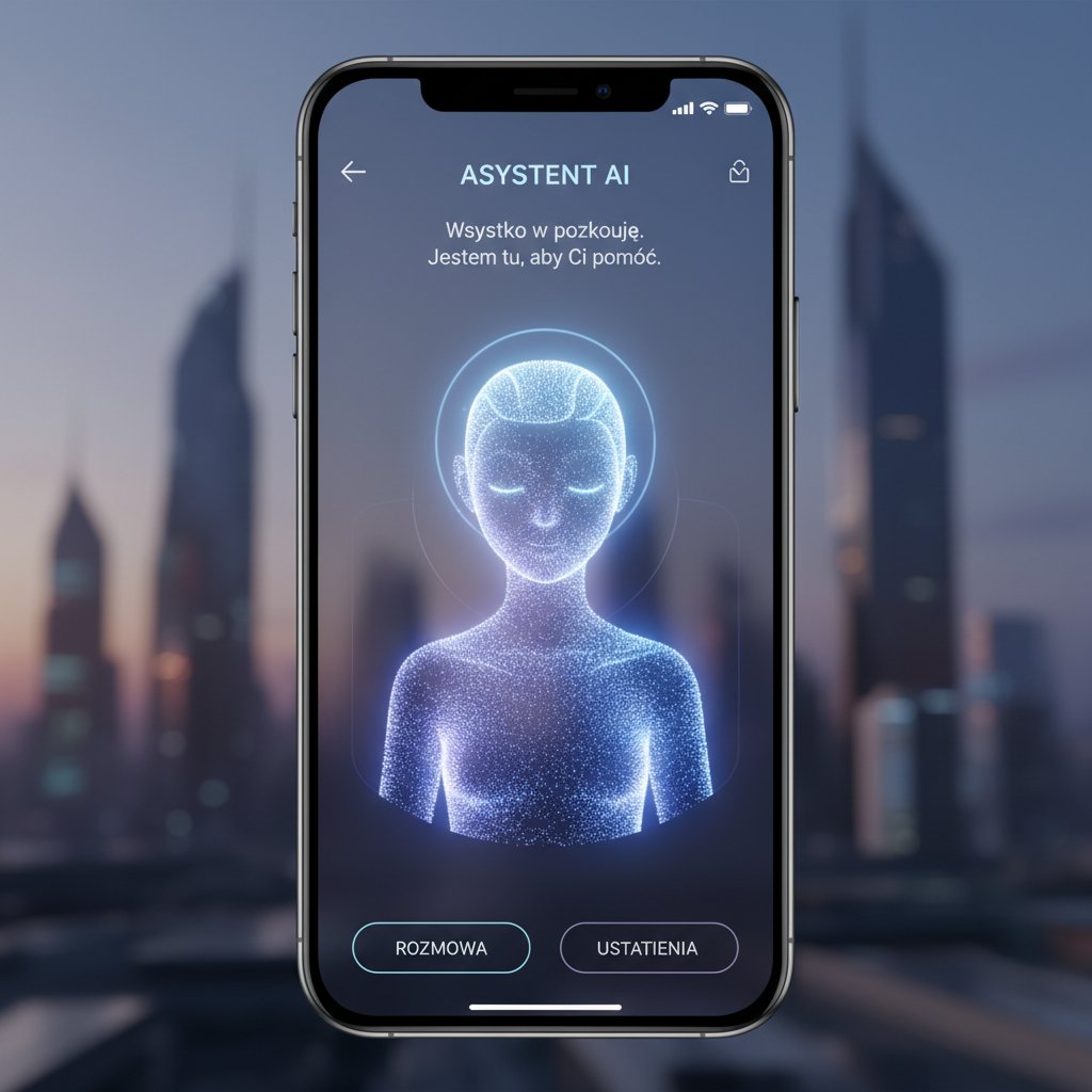 Ekran smartfona z asystentem AI wspierającym w sytuacji kryzysowej, polski interfejs