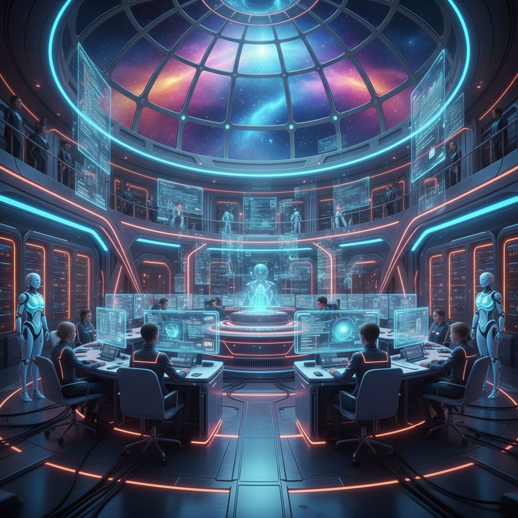 Futuristic support center blending AI bots and human agents in vibrant atmosphere