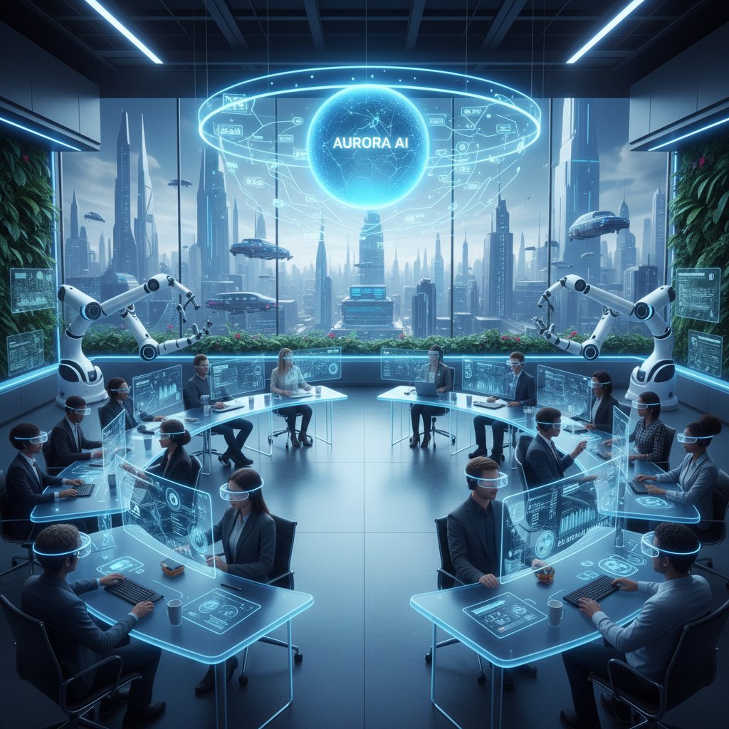 Future trends in customer support automation, futuristic support center, diverse team, AR screens