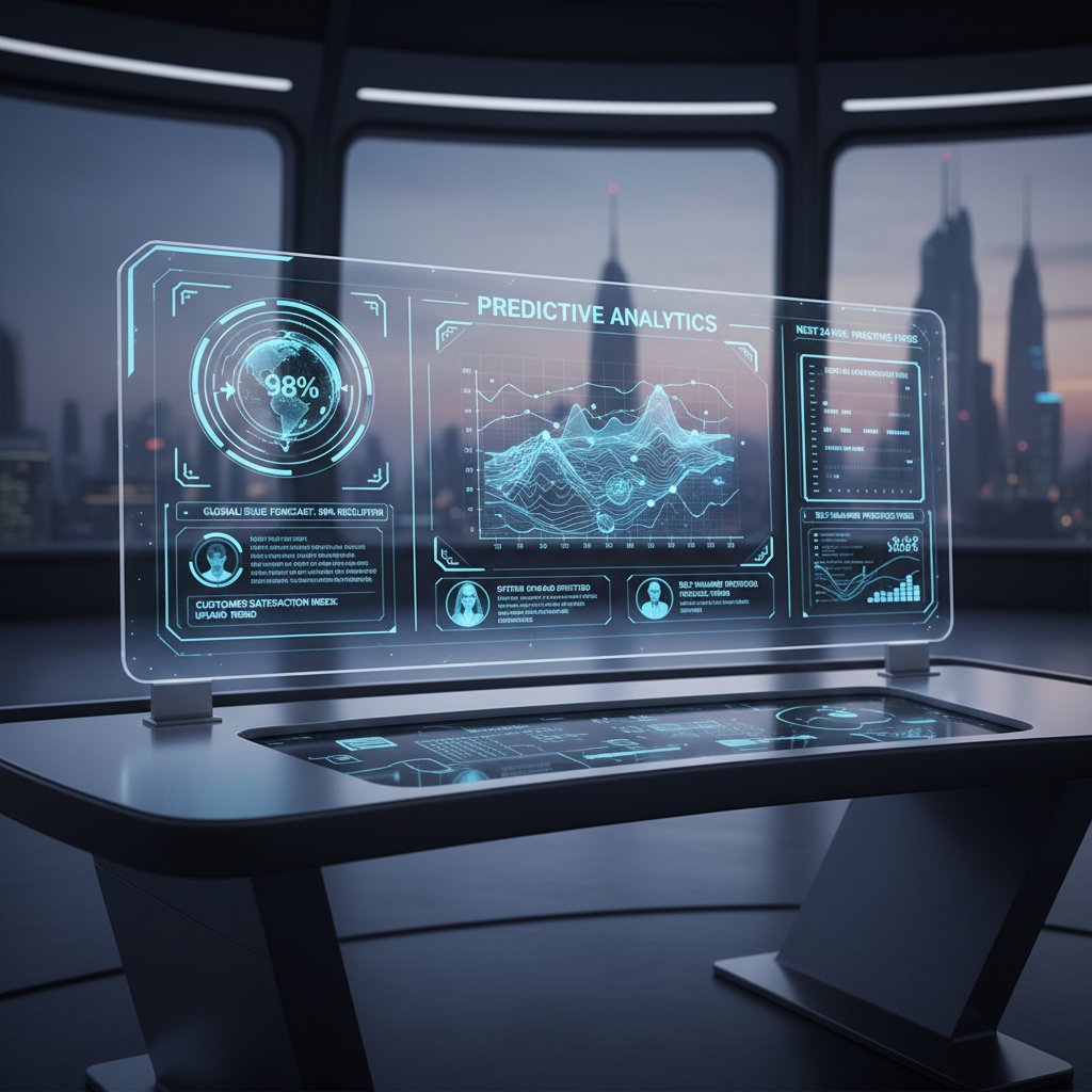 Futuristic customer support automation dashboard with predictive analytics