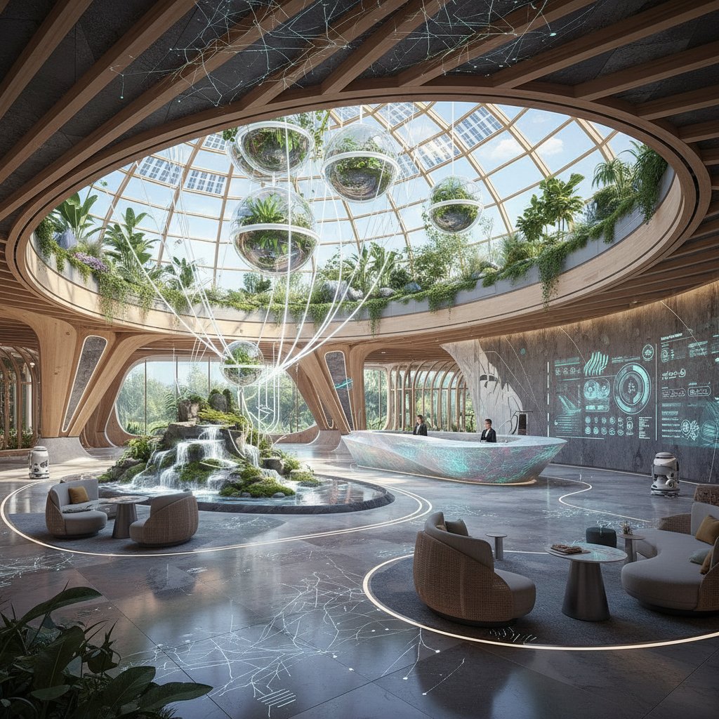 Nowoczesne lobby hotelowe przyszłości, z elementami zrównoważonego rozwoju i AI