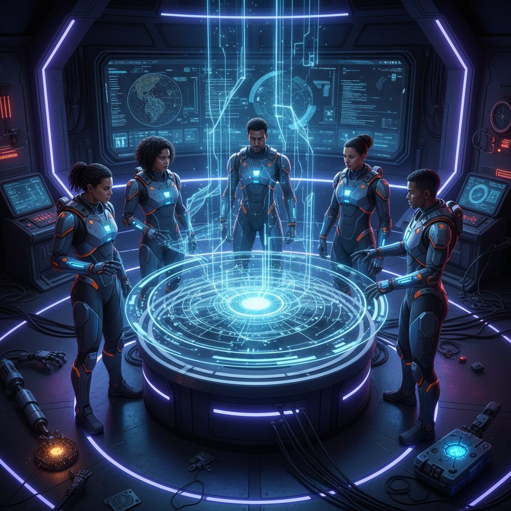 Zespół analizujący holograficzne dane w futurystycznej sali, neonowe światło, nowoczesny klimat