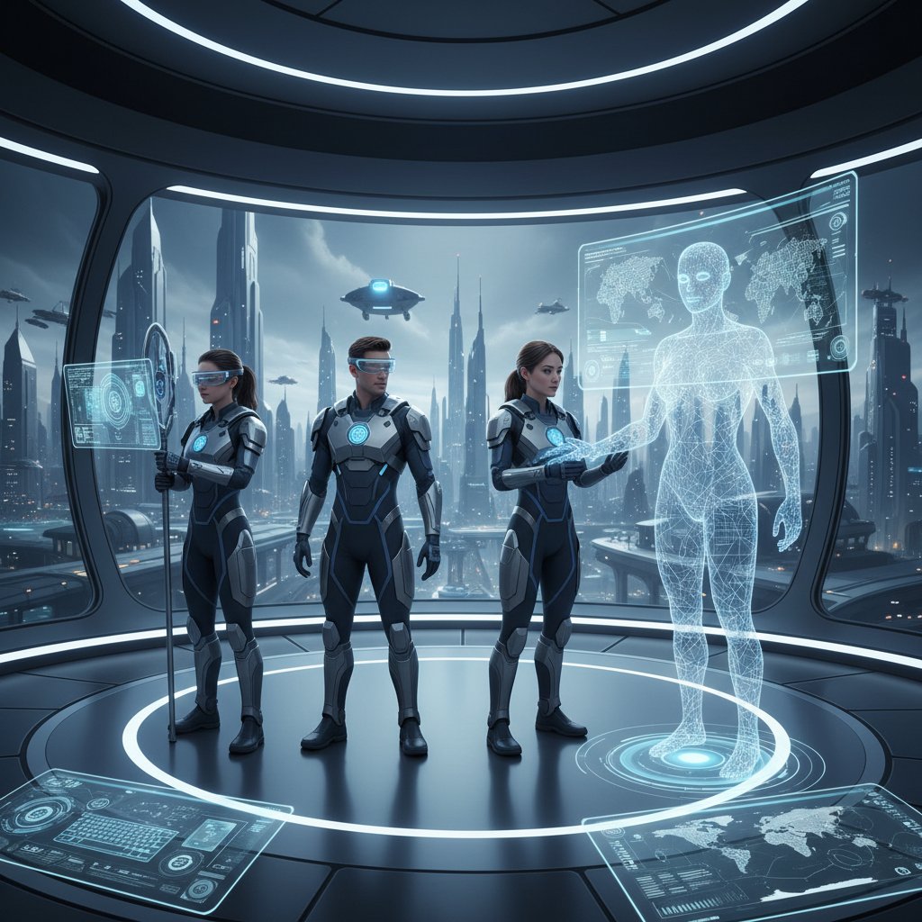 Employees working with AI-powered coworker, digital assistant visible in collaborative scene