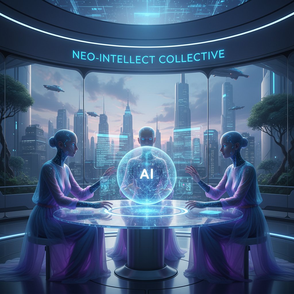 Futuristic team with digital and human members, AI collaboration