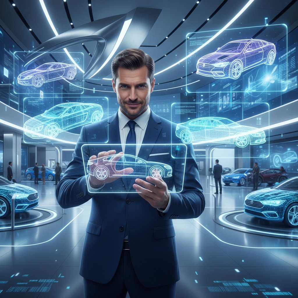 Man using AI car buying assistant in a futuristic showroom with holographic car options