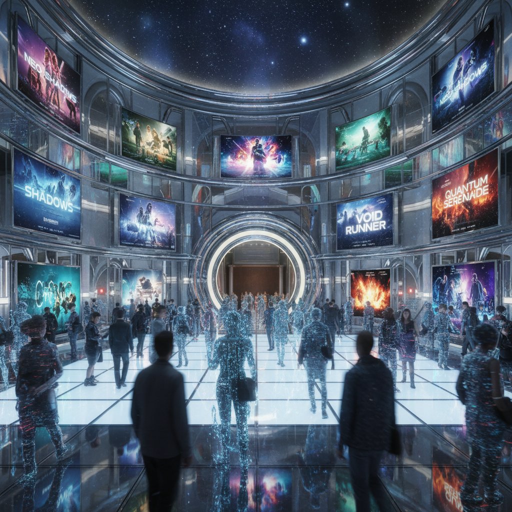 A futuristic theater with holographic movie posters and a digital crowd experiencing next-gen film