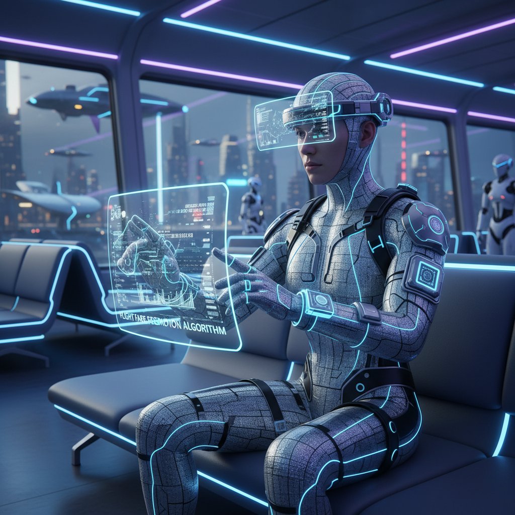 Futuristic traveler with wearable tech analyzing flight fare prediction algorithm data hologram in airport lounge, neon accents