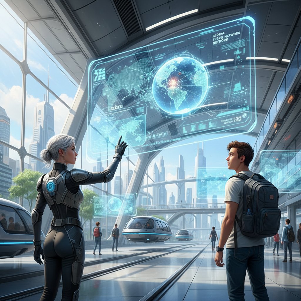 Futuristic travelers using holographic booking interface with global map at modern airport