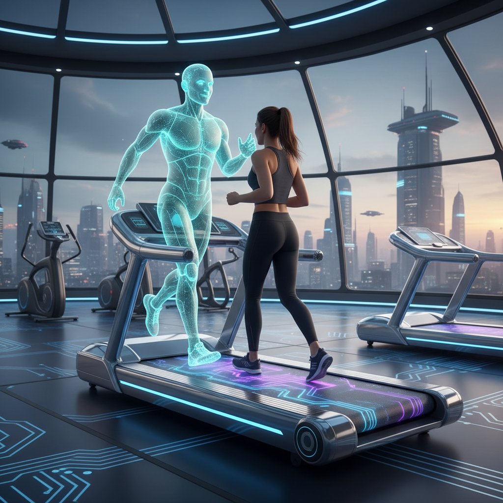 Nowoczesna bieżnia z holograficznym trenerem AI, futurystyczny design, neonowe światła, high-tech