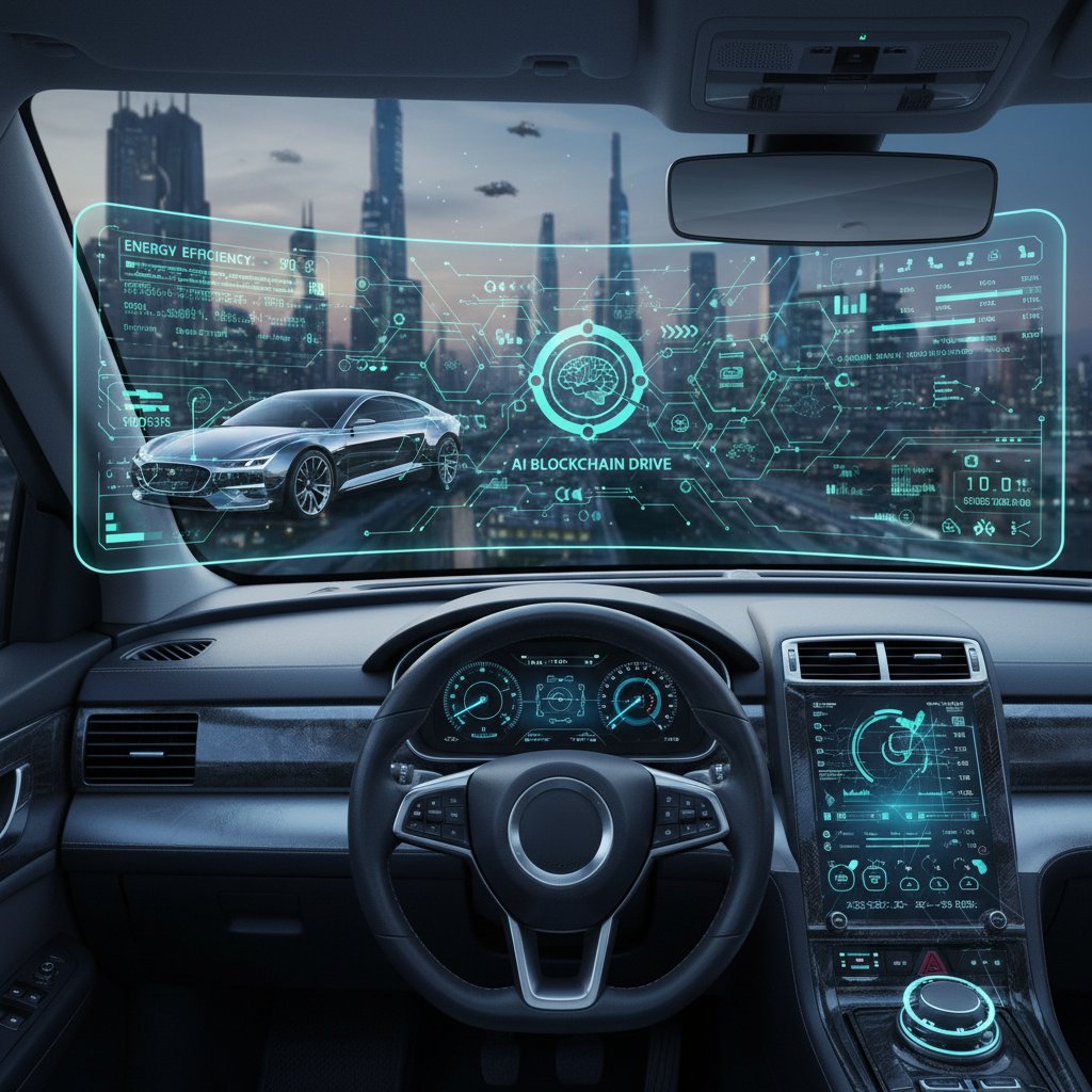 Futuristic UI overlaying a real car photo, symbolizing AI and blockchain in online car buying