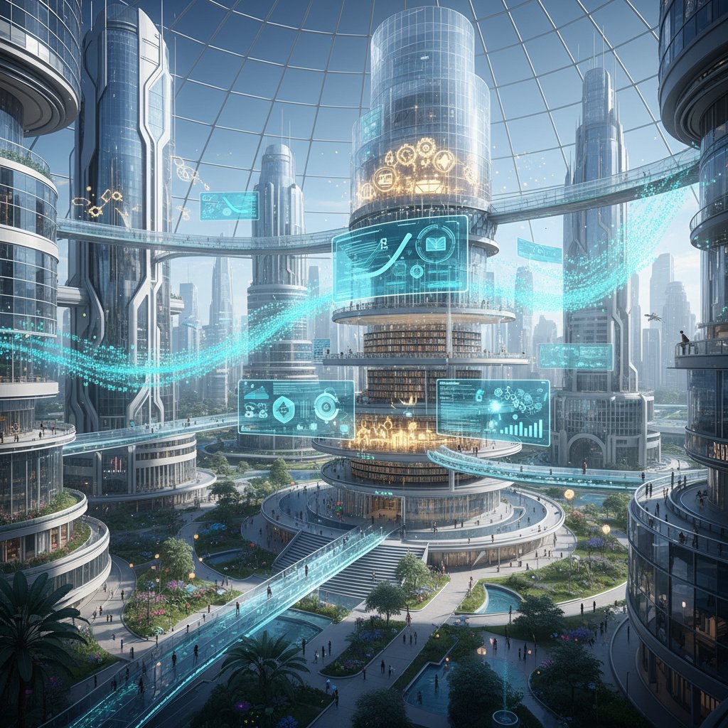 Futuristic university campus with digital data streams in the air, students interacting with holographic dashboards, symbolizing the next era of academic data insights