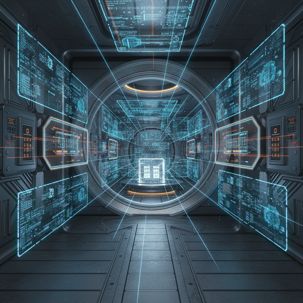 Futurystyczny skarbiec z cyfrowymi zamkami i strumieniami danych, bezpieczna atmosfera