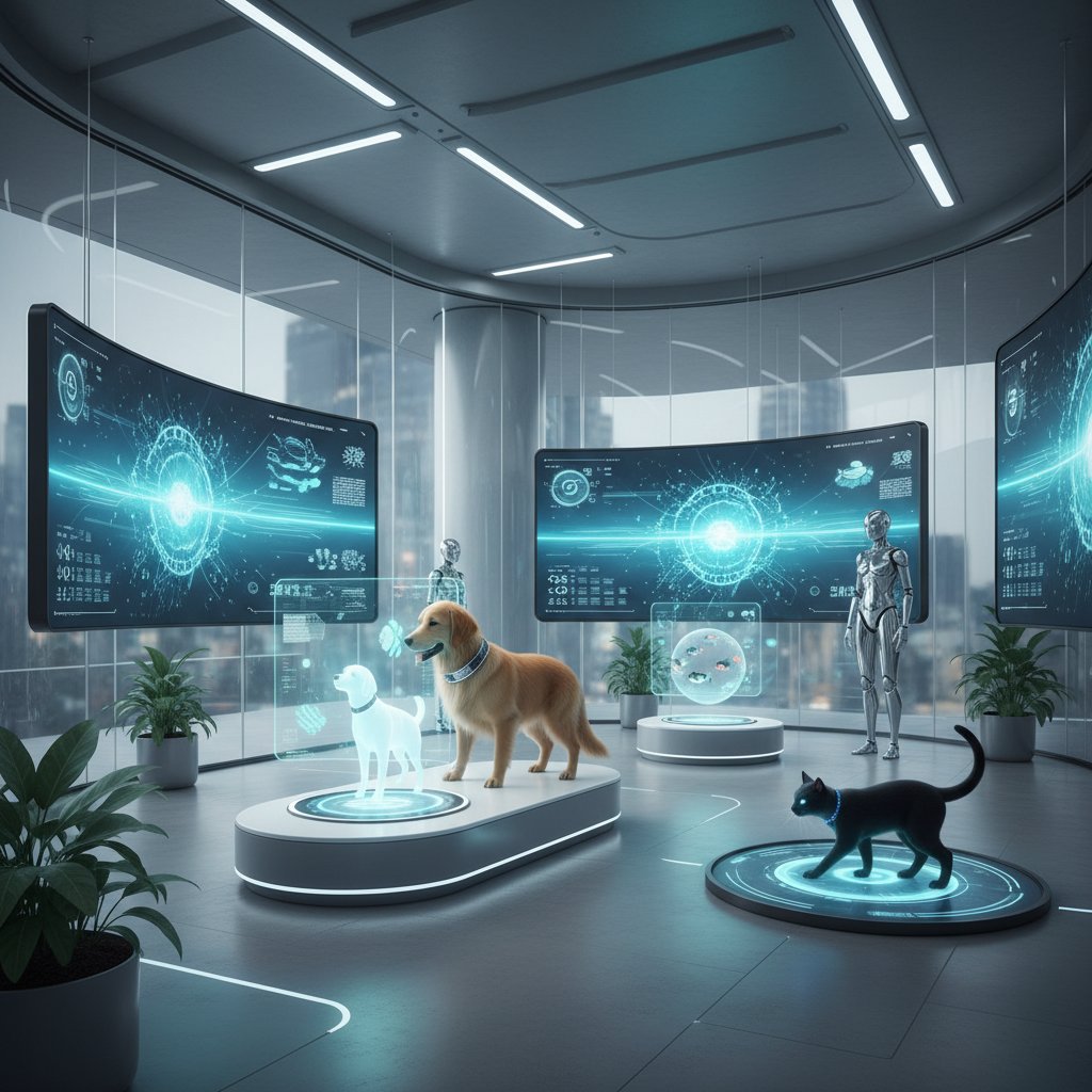 Futurystyczna klinika z AI dla zwierząt, zastosowanie sztucznej inteligencji w rehabilitacji, nowoczesne technologie