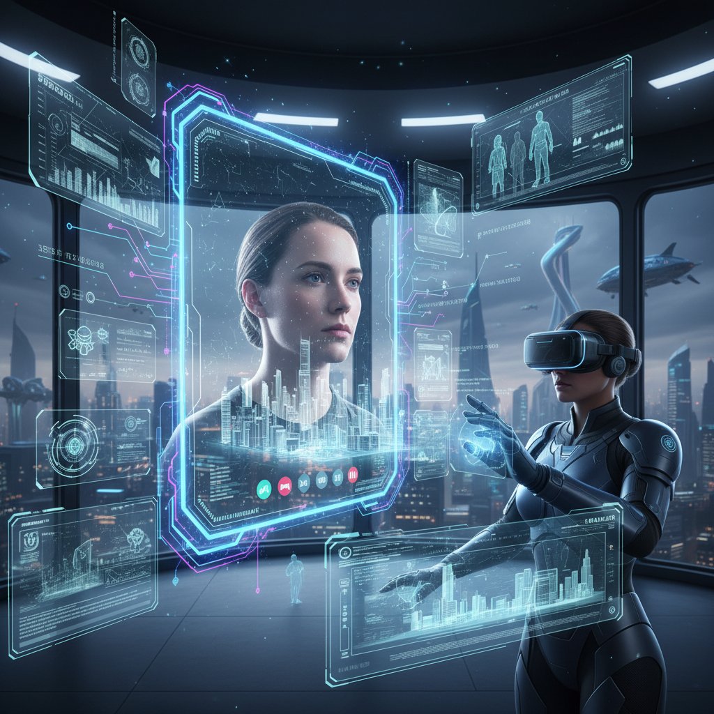 Futurystyczny interfejs wideokonferencji z elementami AI i VR