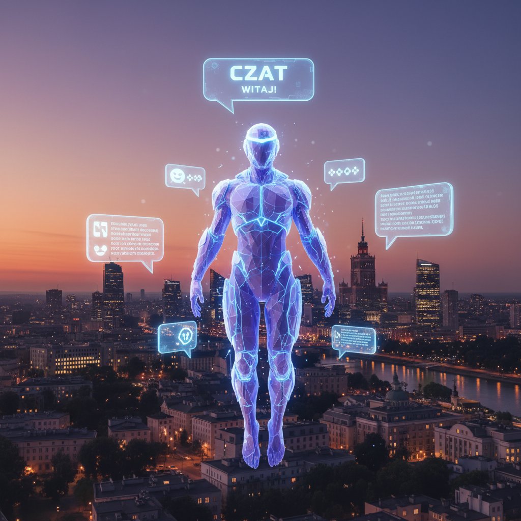 Wirtualny towarzysz AI na tle polskiego miasta o zmierzchu, futurystyczna aura