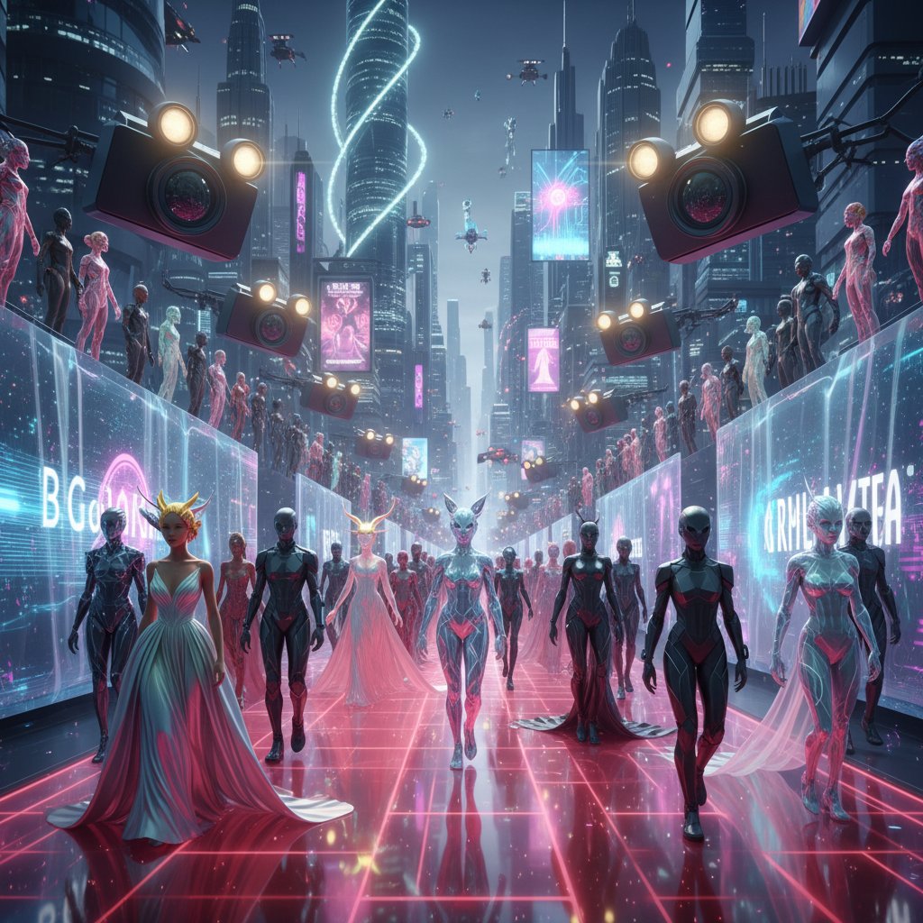 Futurystyczna wizja wirtualnego czerwonego dywanu, awatary, hologramy, cyfrowi paparazzi