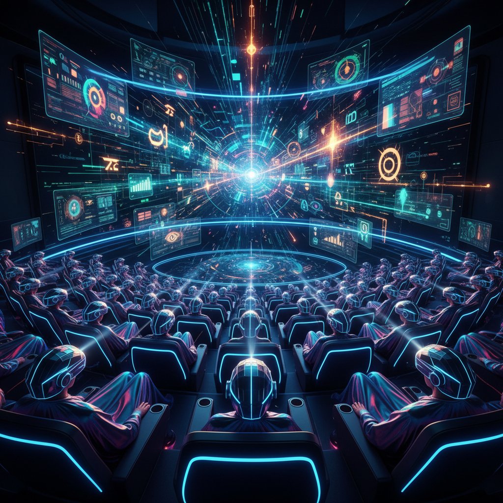 Futuristic VR cinema audience in a surreal, digital landscape, symbolizing the future of movie transformation cinema
