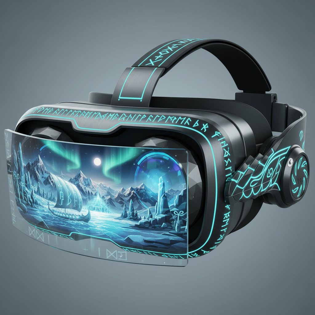 Futuristic VR headset with Norse runes, digital Nordic landscape, symbolizing the future of norse mythology movies