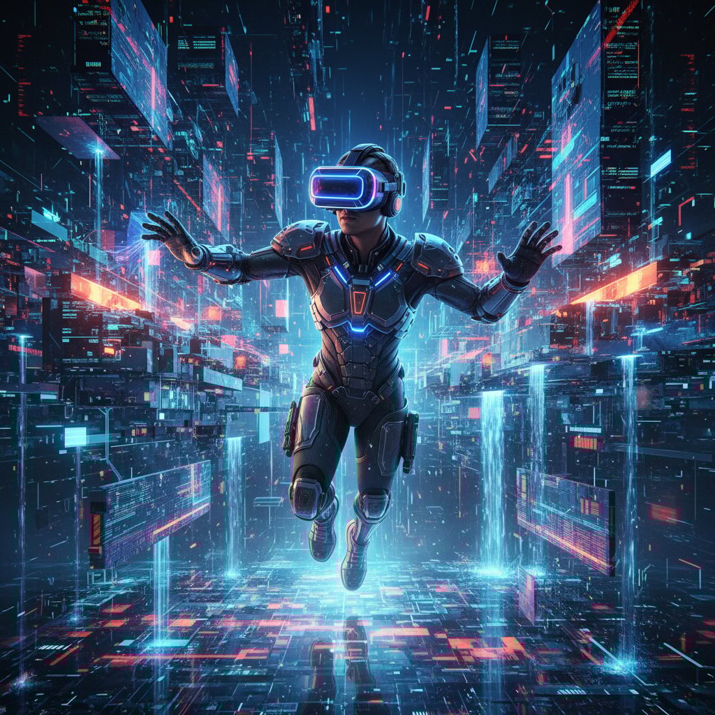 Futuristic VR headset user mid-experience with digital world frozen around them in a neon cyberpunk aesthetic symbolizing the future of time-stop storytelling