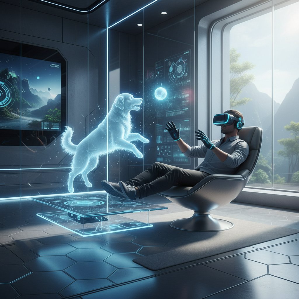 Person mit VR-Brille spielt mit holografischem Hund in vernetztem Zuhause, Zukunft digitales Haustier