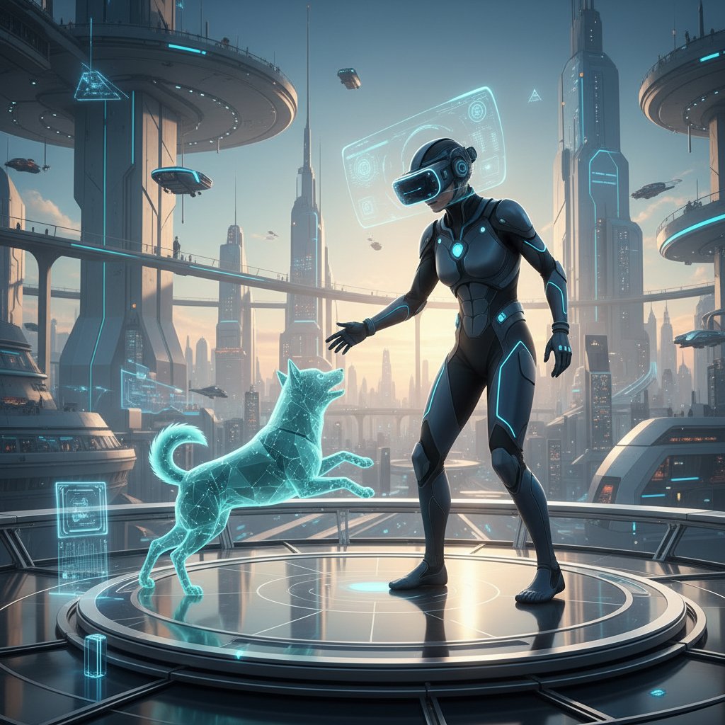 Osoba w goglach VR bawi się z holograficznym wirtualnym psem – wizja przyszłości opieki online