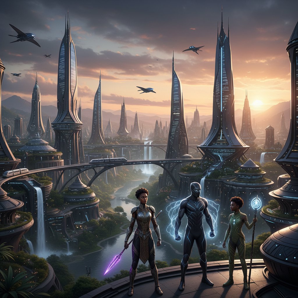 Futuristic Wakandan cityscape with new heroes in foreground, dawn light, expansion of universe