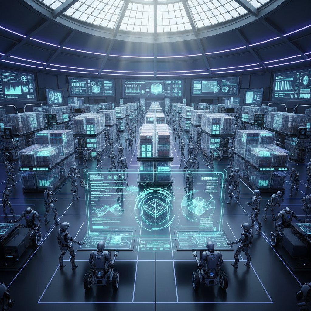 Nowoczesny magazyn z robotami i analitykami, przyszłość branży spożywczej