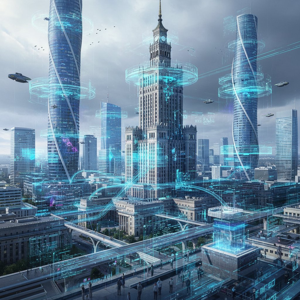 Futurystyczna panorama Warszawy z widocznymi przepływami danych