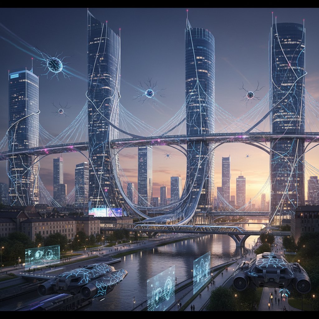 Futurystyczna panorama Warszawy z świecącymi liniami sieci neuronowych łączącymi budynki, wieczór, kinowy klimat