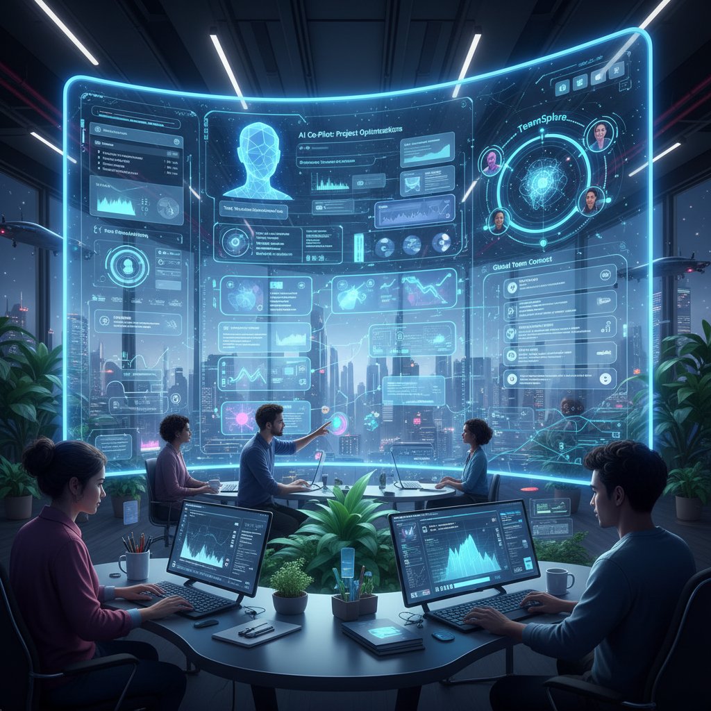 Dynamic futuristic workflow dashboard with AI-powered support suggestions and team chat overlays, digital collaboration, support answer synergy