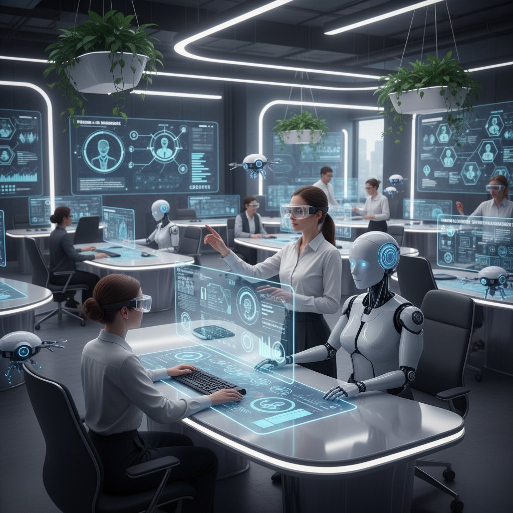 Futuristic workplace with humans and AI collaborating seamlessly in a high-tech office, performance support theme