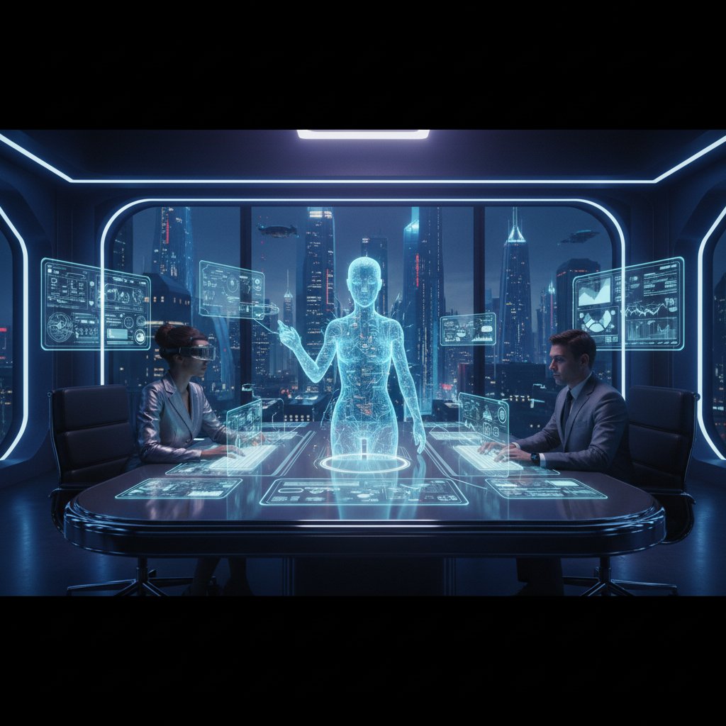 Futuristic workspace with AI assistant hologram collaborating with human remote expert
