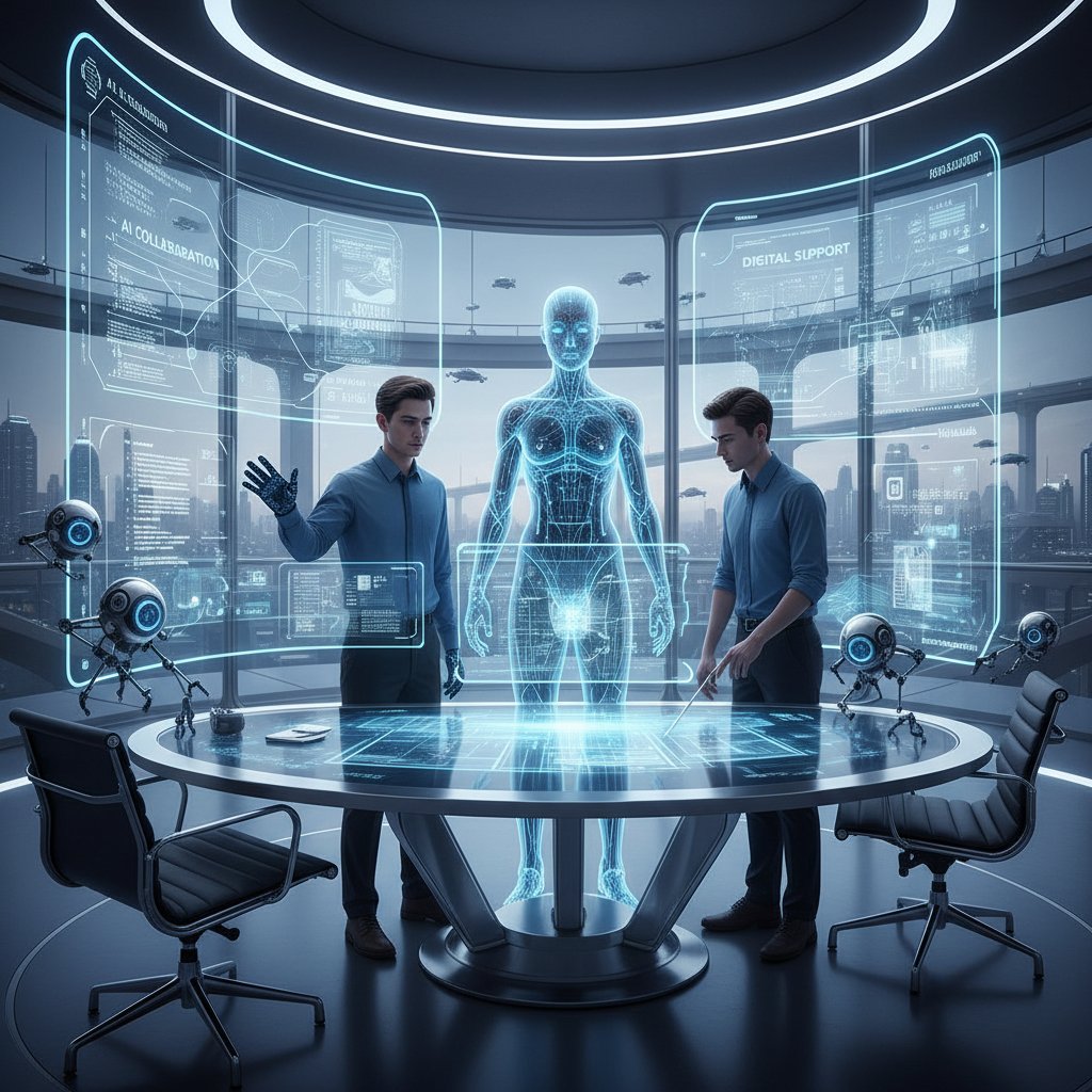 Stylized futuristic workspace, humans and AI collaborating