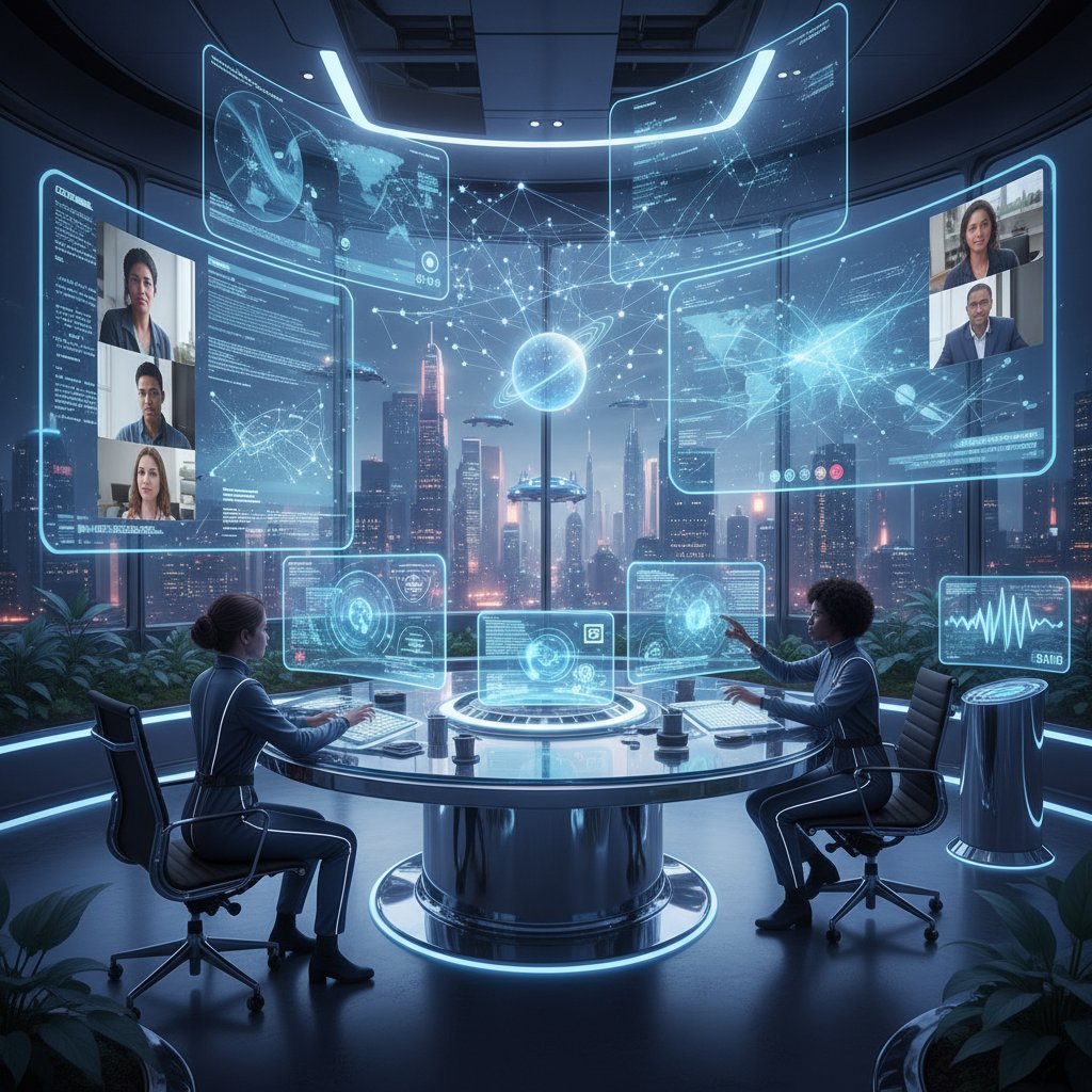 Futuristic workspace with AI displays. Alt: The next generation of enterprise communication environments.
