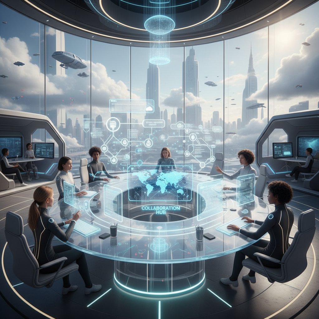 Photo of a futuristic workspace with collaborative cloud-based citation tools in use