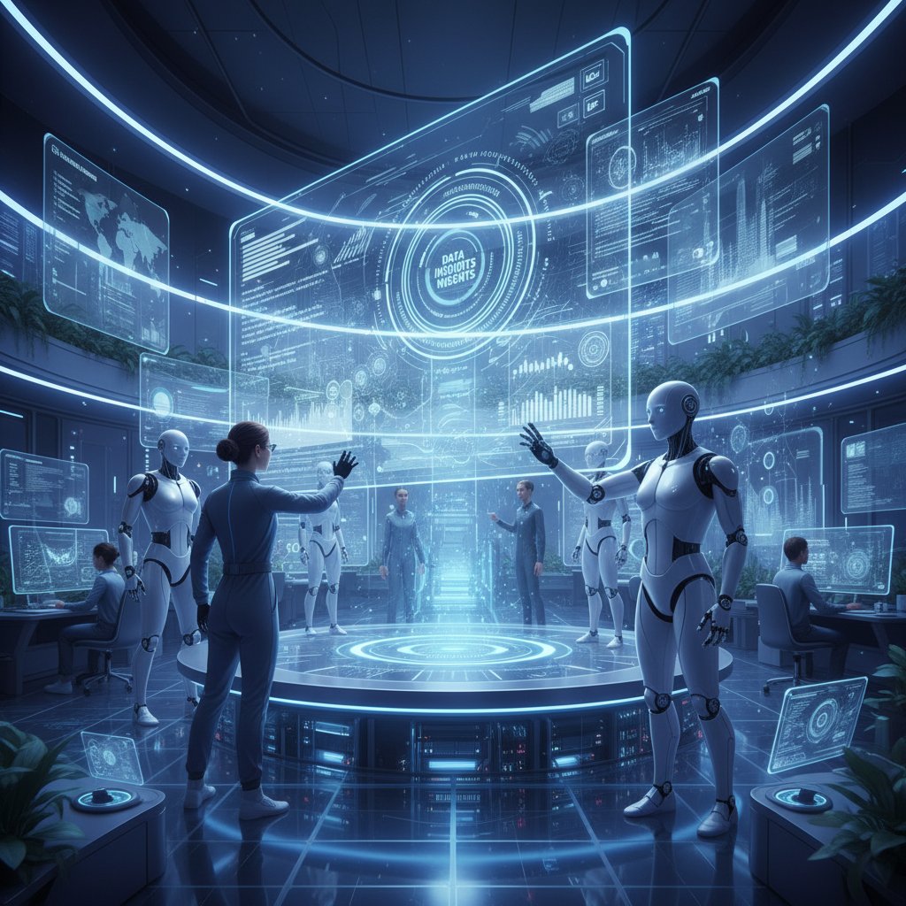 Futuristic workspace with holographic dashboards and collaborating humans and AI, illustrating next-gen data insights generation tools