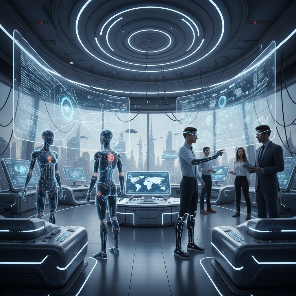 Futuristic workspace with human and AI avatars collaborating over digital boards, high-tech marketing support roles in action