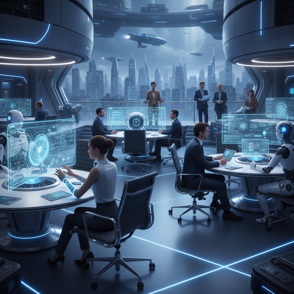 Futuristic workspace blending human and AI coworkers, energetic mood, symbolizing the new era of teamwork