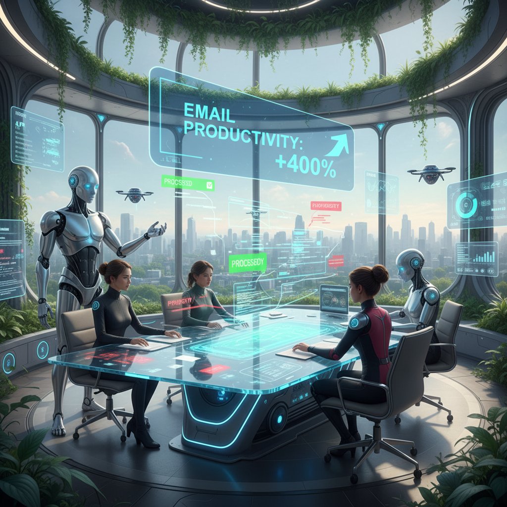 Futuristic workspace with humans and AI collaborating, representing the future of email productivity software and enterprise best practices