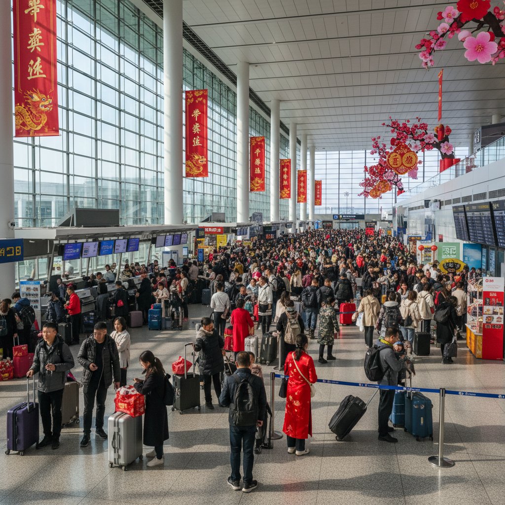 Packed Fuzhou airport during festival season, with families navigating crowded terminal