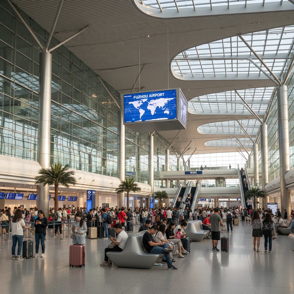 Modern Fuzhou airport terminal bustling with travelers, highlighting airport evolution and increased traffic