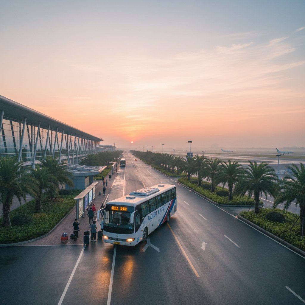 Travelers boarding early morning shuttle bus to Fuzhou airport, illustrating transport options