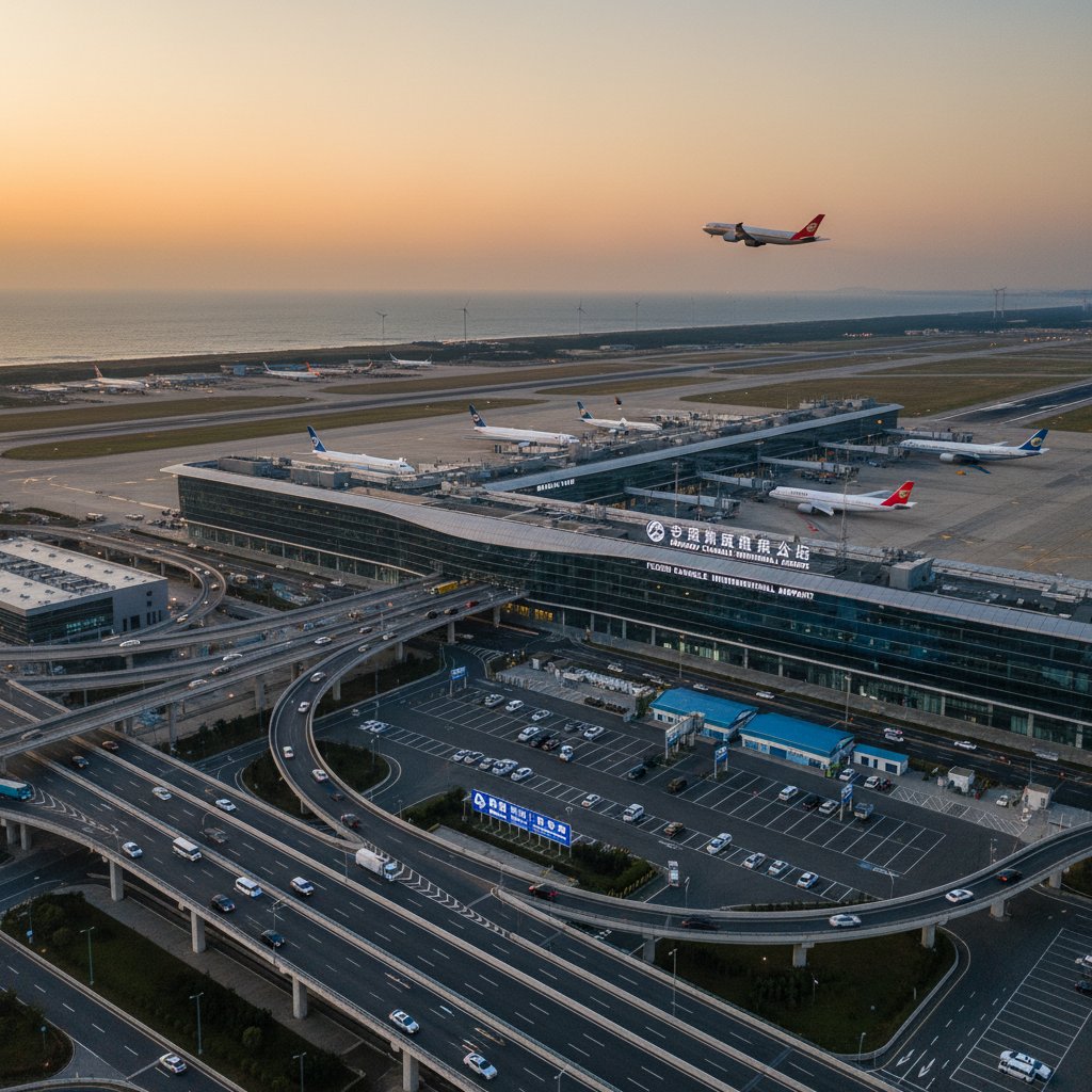 Traveler taking a shortcut through Fuzhou airport, using local knowledge to save time