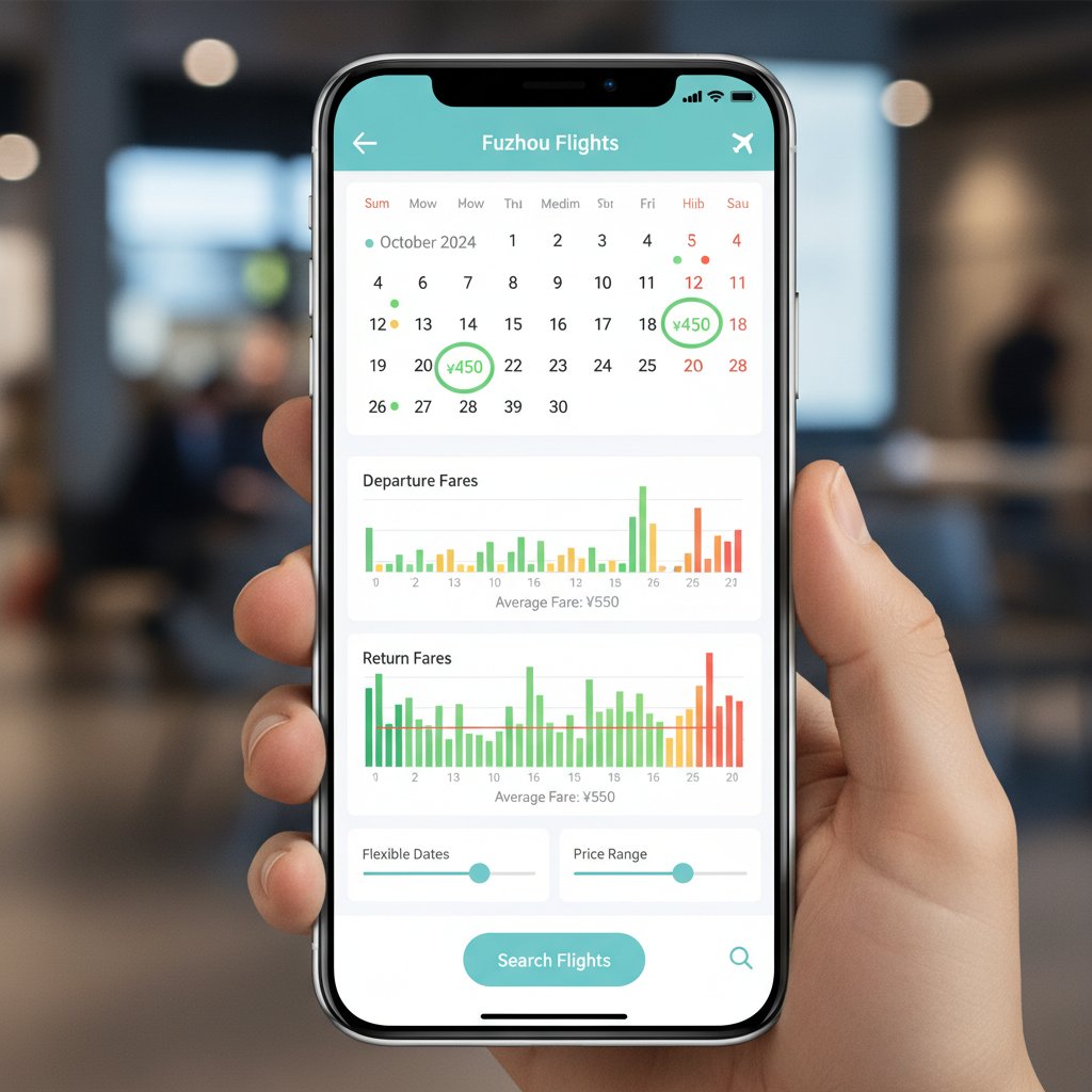 Traveler checking flight prices for Fuzhou departures on mobile app, with digital calendar and fare graphs