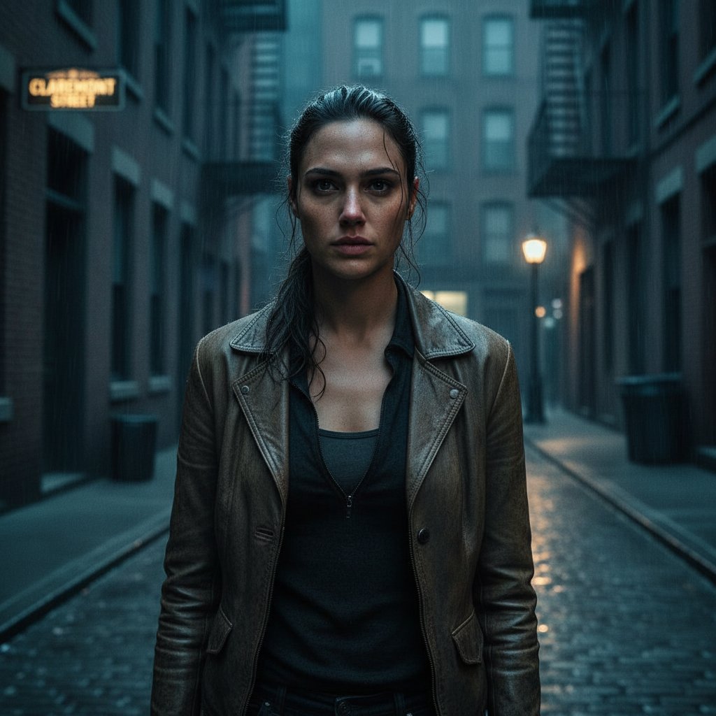 Gal Gadot in a dramatic pose from an early film, reflecting on her evolution before Wonder Woman