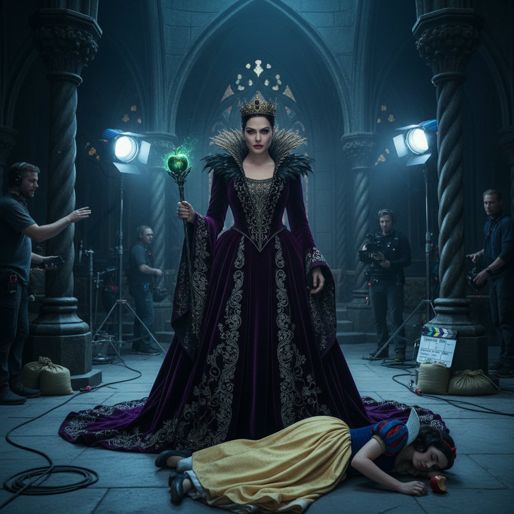 Gal Gadot in costume as the Evil Queen on the Snow White set, teasing her upcoming villainous role