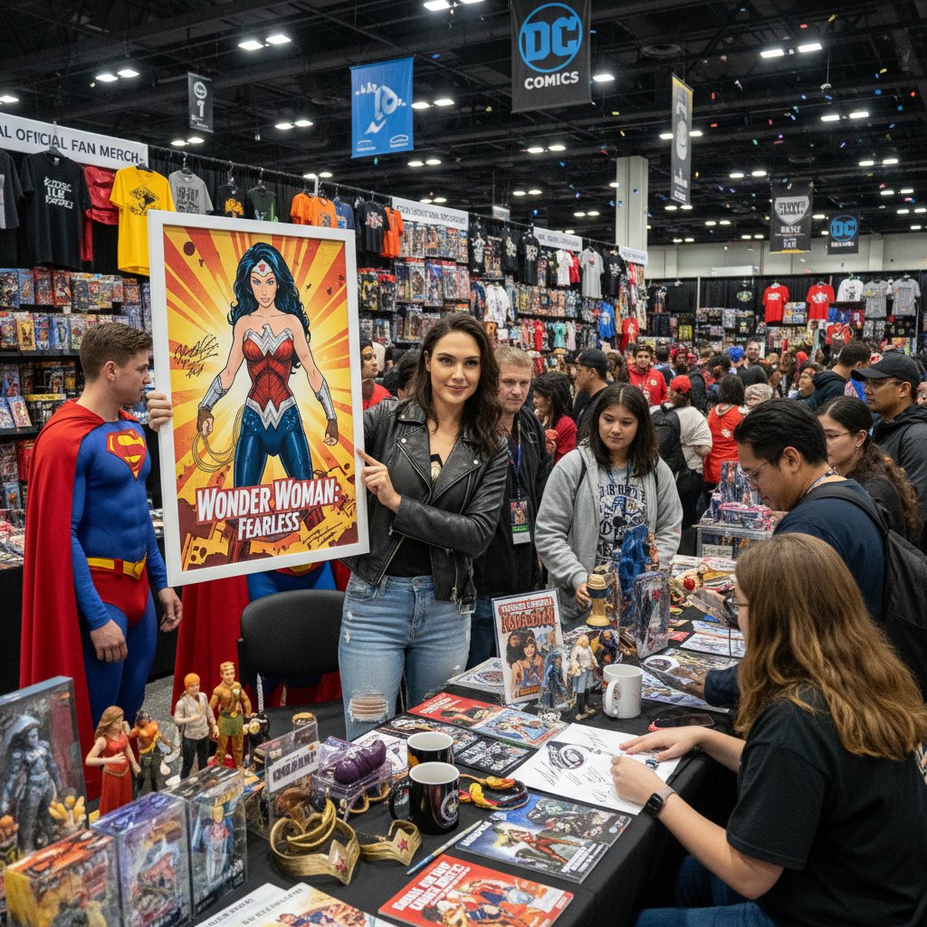 Gal Gadot merchandise and fan art on display at a comic convention, illustrating her pop culture impact