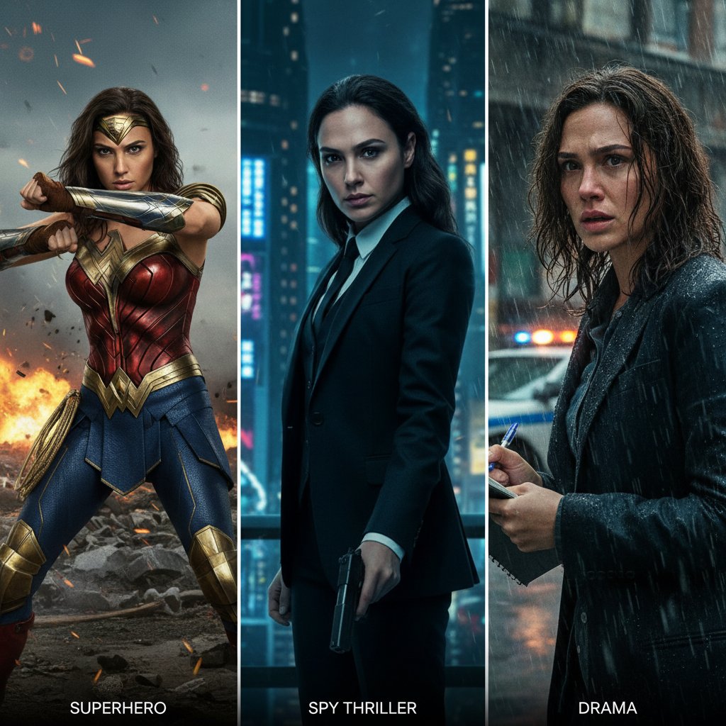 Gal Gadot in five different movie moods, representing action, drama, comedy, and thriller genres