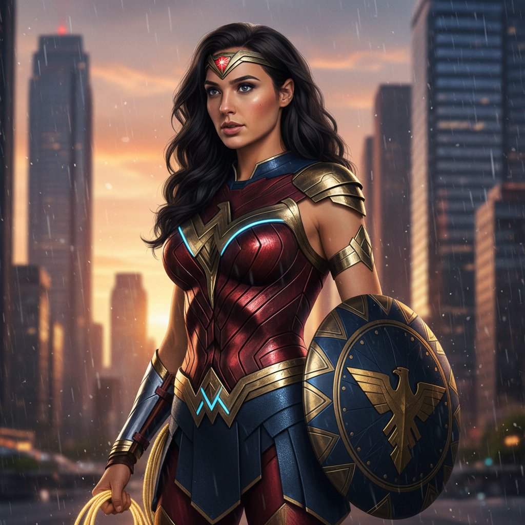 Gal Gadot as contemporary Wonder Woman, portrait-style photo, intense gaze, superhero armor, modern background